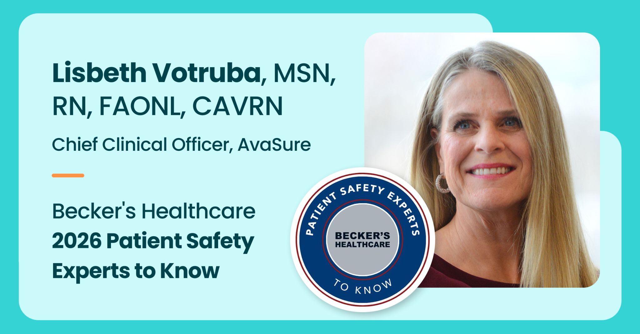Image of Lisbeth Votruba with badge for 2026 patient safety experts to know
