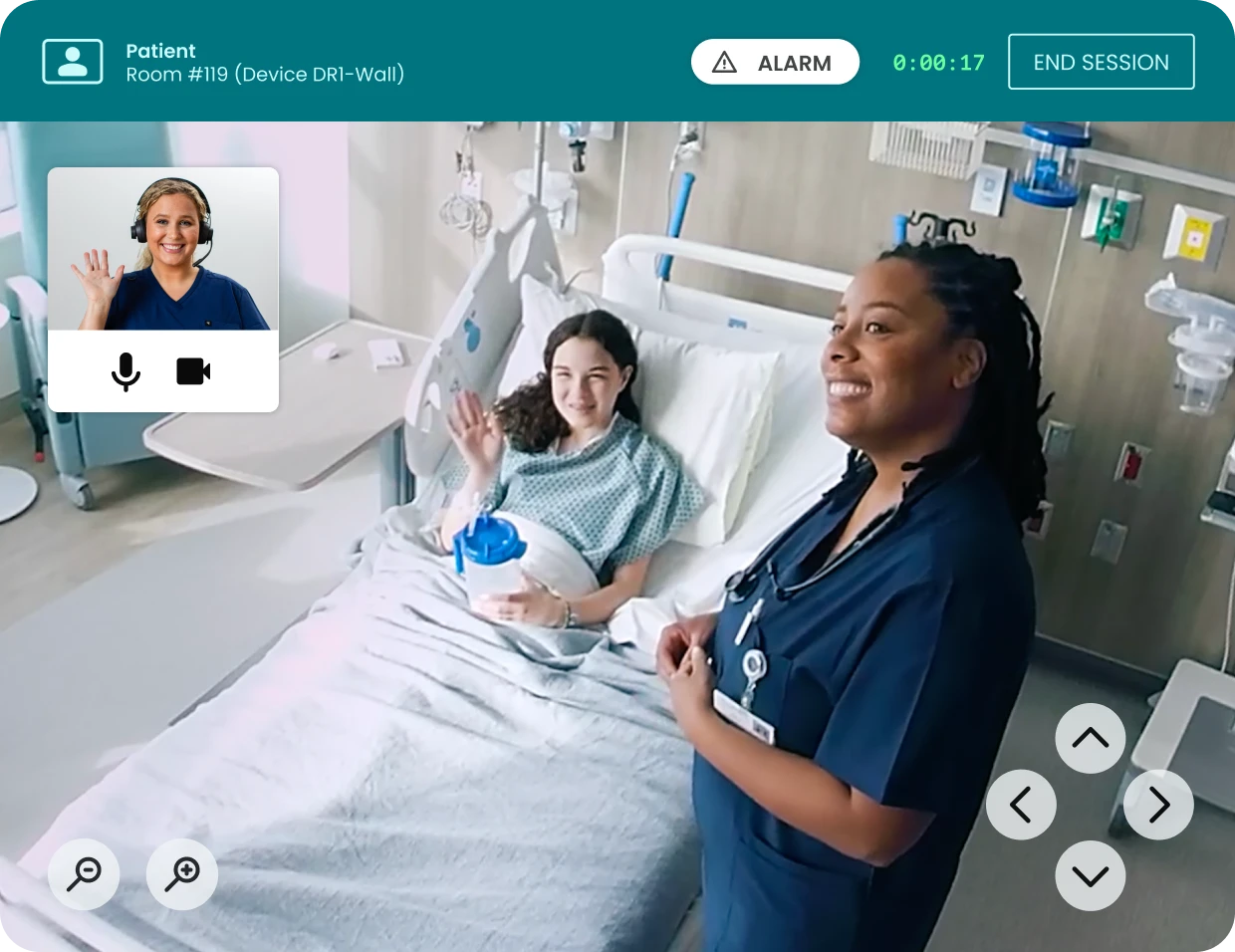 virtual nurse on video checks on patient in bed